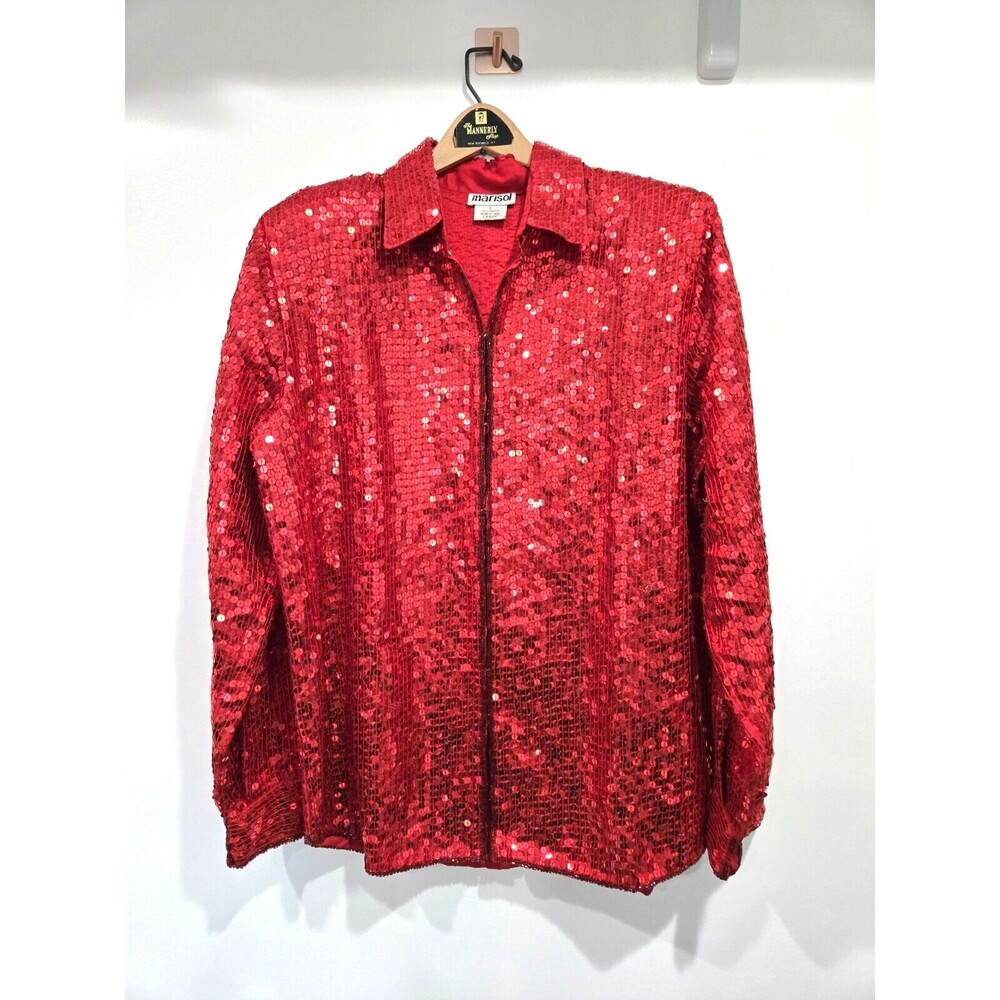Vtg Marisol Red Sequin Sparkle Top jacket shacket Hook Eye closure Mardi Gras L